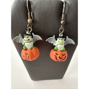 Vintage Resin Halloween Dangle Earrings Bat On A Pumpkin Pierced
